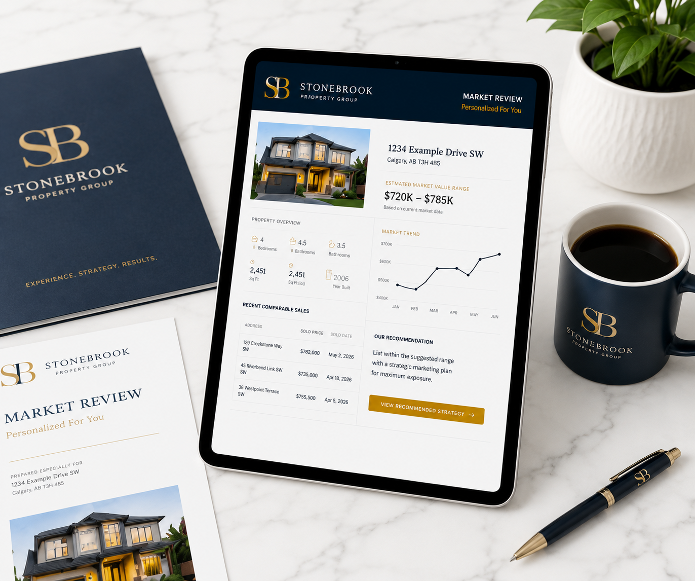 Stonebrook personalized home value and market review displayed on a tablet