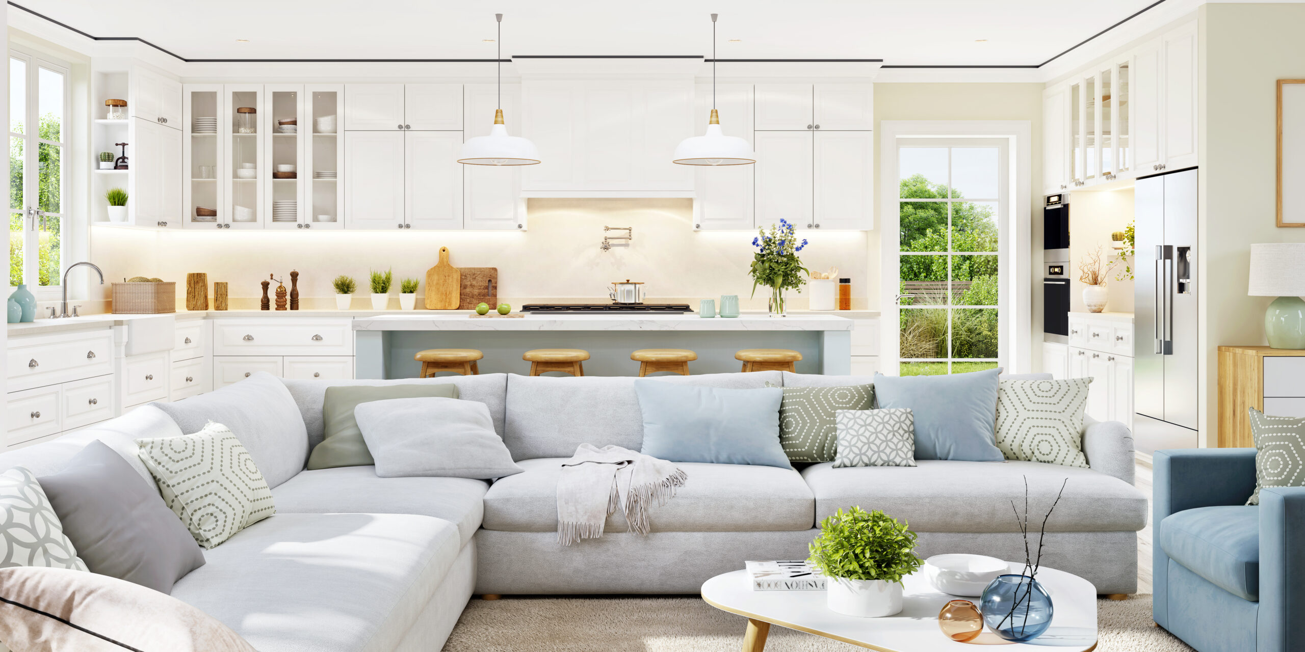 Bright open-concept luxury kitchen and living room